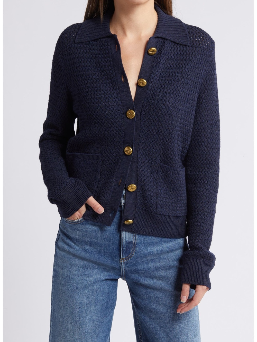 Rag & Bone S Basket Weave Knit Merino Blend Knit Preppy Navy Cardigan Gold - Picture 5 of 15